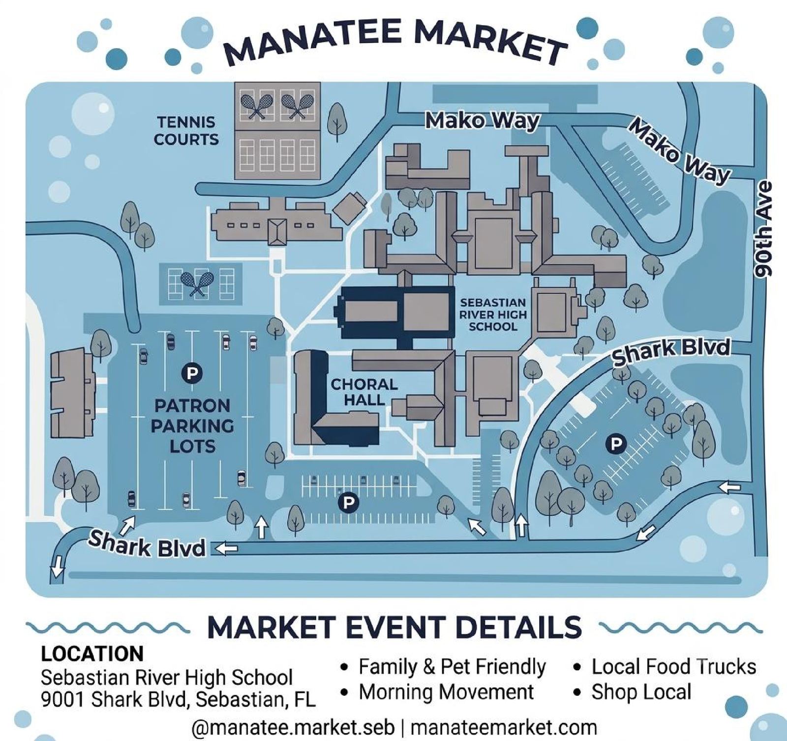 Illustrated venue map showing the market grounds, parking lots along Shark Blvd, and the food truck row
